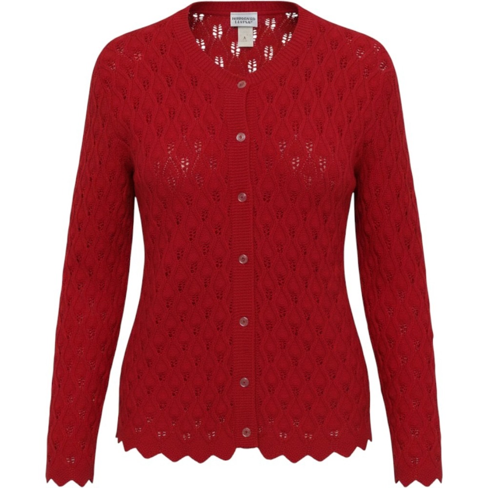 Improved Living Red Pointelle Knit Cardigan Scalloped Edge Button Front XL